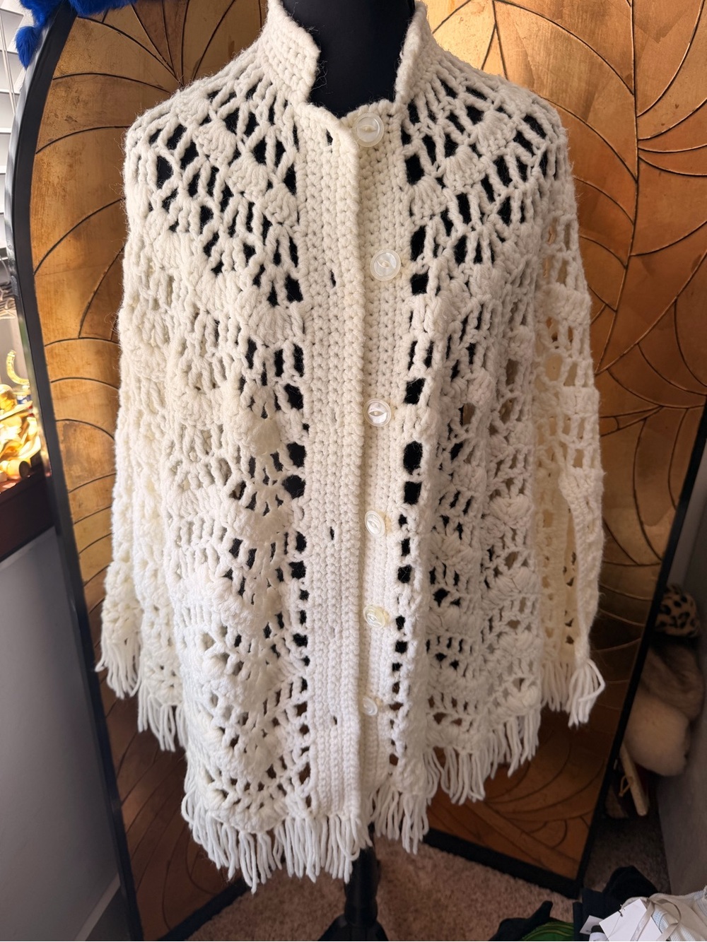 Cream Open-Weave Fringe crochet Button-Front Women's Poncho Swim cover up - Picture 3 of 6